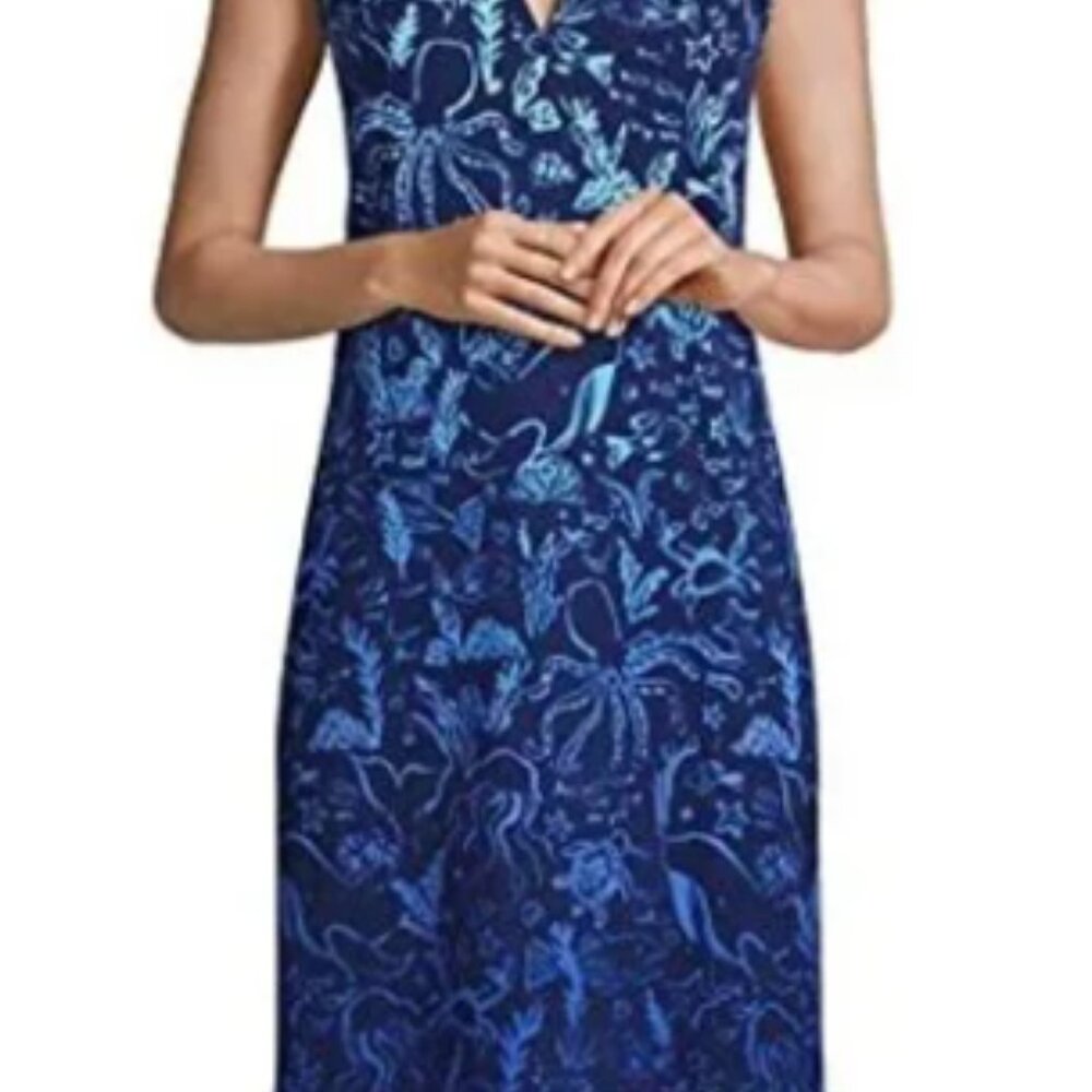 Lands’ End Sleeveless Cotton Swim Cover-Up Dress - Ocean Print, Plus Size